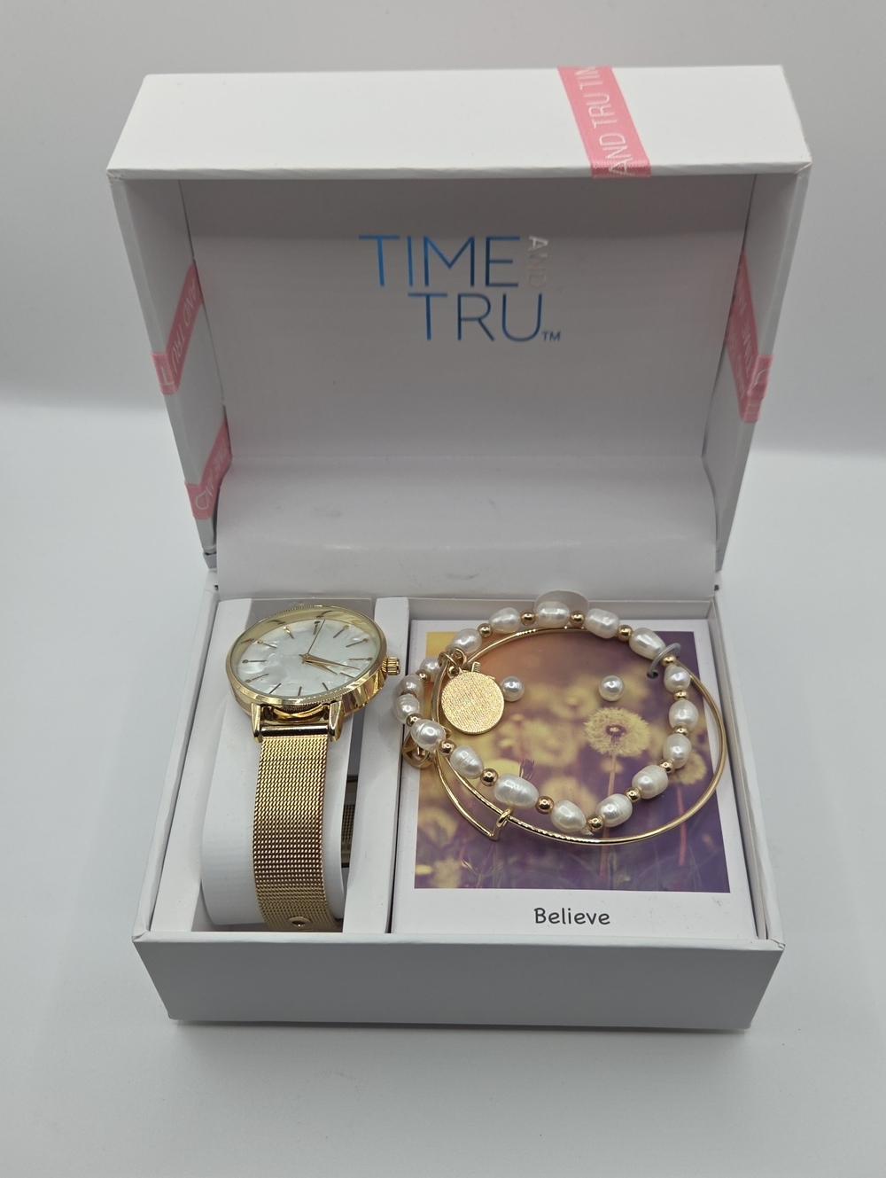 Time and Tru Women’s Gold Watch and Pearl Bracelet Set - Gold/White